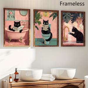 2D 플랫, 2D 플랫, 핑크색 욕실 고양이 벽걸이 장식 3개 세트, 빈티지 포스터, 고양이 애호가를 위한 프린트, 액자 없는 캔버스, 재미있는 고양이 포스터, 욕실 벽 예술, 유머러스한 욕실 장식, 기발한 동물 초상화, 거실에 적합