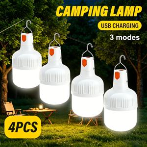 4개입 충전식 LED 캠핑 랜턴, 밝기 조절 LED 전구, 3가지 조명 모드, 충전식 행잉 텐트 조명, IP44 휴대용 비상등, 캠핑, 낚시, 여행, 하이킹, 비상 상황에 이상적