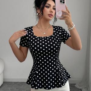 여성용 폴카 도트 반팔 스퀘어넥 탑, 허리를 조이는 슬림핏, 리본 타이 뒷면 오픈백 러플 밑단 티셔츠