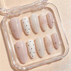10개 미디엄 아몬드형 누드 핑크 세로 블랙 폴카도트 3D 체리 & 실버 스타 프레스온 네일, 소프트 코켓 인조네일, 여성용 재사용 가능한 인조손톱 팁, 브라이덜 샤워, 티파티 & 신학기용