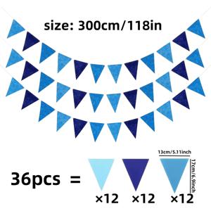36개 블루 삼각 페넌트 세트, 300cm/118인치 블루 배너 깃발, DIY 조합형 걸이형 깃발 세트, 재사용 가능한 삼각형 펠트 깃발, 개막식, 카니발 테마, 생일 파티 장식, 야외 활동, 교실 장식, 결혼식 파티, 일요일 기념일에 적합
