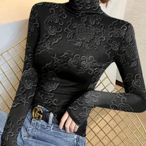 프린트 긴팔 여성 티셔츠 베이스 레이어 2024 신상 봄 가을 슬림핏 안티셔츠 시크한 세미 하이넥 탑