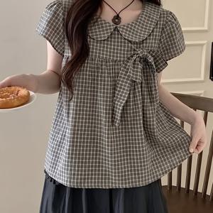 2026 봄/여름 한국 레트로 커피 체크 도트 인형 칼라 반팔 셔츠 여성용 루즈핏 나이 감추기 데일리 다용도 학원 스타일 출퇴근 캐주얼 탑