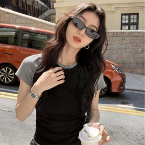 스위트 & 쿨 여성용 컬러블록 래글런 소매 티셔츠, 슬림핏 크롭 탑, 출퇴근 및 캐주얼웨어용, 26신상