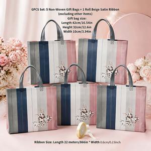 그녀/남자를 위한 선물 6pcs 세트: 5개 부직포 선물 가방과 1롤 베이지 새틴 리본, 접이식 대용량 재사용 가능한 휴대용 토트백, 생일/결혼 선물 포장용, 의류 및 화장품 정리함, 가정 옷장 수납