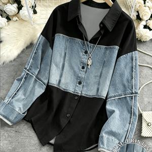 패치워크 프린트 디자인, 클래식 라佩ล, 캐주얼 루즈핏 통기성 좋은 라이트 럭셔리 상의. 프린트 레깅스 - 데님 원단 아님