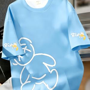 디지털 프린트 - 남성용 그린 티셔츠 - 흰 토끼와 곰 패턴 프린트, 루즈핏 캐주얼 여름 반팔 크루넥 셔츠, 통기성 좋은 원단, 세탁기 사용 가능, 편안한 스트리트 스타일, 편안한 핏, 재미있는 디자인, 내구성 좋은 프린트 탑