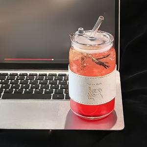 15.21Oz 대용량 유리컵 (빨대 및 슬리브 포함), 주스, 우유, 차, 맥주, 위스키 & 스피릿용 귀여운 다용도 음료잔, 완벽한 선물