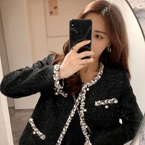 여성용 샤이니 트위드 숏 재킷, 클래식 엘레강스 스타일 크루넥 탑, 진주 단추가 달린 컬러 트림 엘레강스 아우터웨어, 키가 작은 분들에게 적합한 통근용 캐주얼 재킷