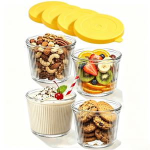 4/6개입 소형 덮개 유리 볼, 6.8 Oz, 투명 골지 유리 용기, 쌓을 수 있음, 디저트, 푸딩, 소스, 샐러드, 견과류, 오트밀, 사탕, 스위트, 시리얼 등에 적합
