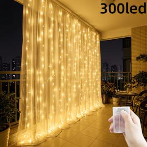 10x10ft LED 커튼 페어리 라이트, 8가지 모드 웜화이트 창문용 걸이형 스트링 조명, 배터리 작동식 크리스마스 할로윈 웨딩 파티 장식용 실내외용 (배터리 미포함)