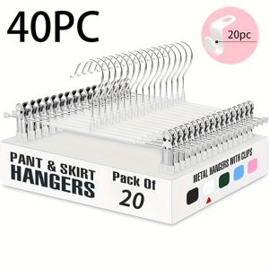40개 세트 (20개 고강도 조절식 메탈 바지 걸이, 미끄럼 방지 클립 포함) + 20개 옷걸이 후크, 공간 절약형 바지 및 스커트 걸이, 다양한 색상 옵션 (화이트, 블랙, 핑크)