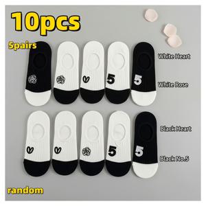 랜덤 10개/5켤레 여성용 투명 발목 양말, 통기성 및 吸汗성, 편안하고 미끄럼 방지, 귀여운 꽃무늬와 수학 프린트가 있는 새로운 봄/여름/가을 스타일, 하트 모양 노쇼우 양말 - 랜덤 색상, 흑백 시리즈, 캐주얼하고 활용도 높은, 헐렁한 신축성 맨소매, 통기성 좋고 여유로운. 여성용 중목 양말, 스타킹, 압박 양말, 운동용 양말, 남녀공용