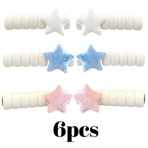 별 패턴 플러시 문고리 커버 6개 세트, 핑크 2개 + 블루 2개 + 화이트 2개, 충돌 방지 정전기 방지 도어 핸들 보호 슬리브, 부드러운 쿠션감의 충격 흡수 커버, 방음 및 장식 기능 포함