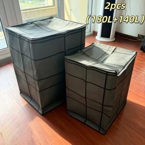 2개입 (180L 및 140L) 쌓을 수 있는 대용량 검정색 옷장 수납 바구니, 공간 절약형 이불 수납 상자 (두꺼운 이사 가방 포함), 가정용 더블 지퍼 손잡이 의류 및 침구 정리함, 이사, 여행, 수납 바구니에 적합