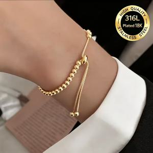 18K 금도금 316L 스테인리스 스틸 소형 골드 비드 조절 가능 접이식 팔찌, 간편한 원형 비드 얇은 팔찌, 방수 저자극 여성 해변 휴가 액세서리, 발렌타인데이 크리스마스 생일 결혼식 선물 주얼리