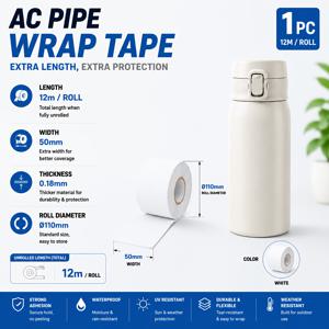 AC 파이프 랩 테이프 12M X 50Mm HVAC 파이프 단열 랩 구리 파이프 보호 테이프 방수 UV 저항 실외 라인 세트 랩