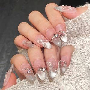 핸드메이드 핑크 실버리 그라데이션 나비 라인석 코핀 누름식 인조네일 10개, 누드 옴브레 진주광택 참 글로시 인조네일, 신부 웨딩 매니큐어용 재사용 가능한 접착식 인조네일 키트