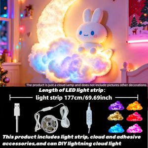 177cm/69.69인치 DIY 귀여운 토끼 초승달 구름 앰비언트 조명, RGB 색상 변경 USB 조작식 벽걸이 무드등, 소녀스러운 침실 침대 옆용 인기 개구름 장식 조명, 크리스마스 및 생일용 부드럽고 창의적인 장식 선물 (토끼 모델 제외)