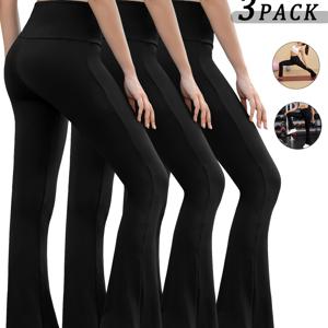 3팩 여성용 하이웨이스트 텀미 컨트롤 벨 바텀 팬츠 - 초소프트 부트레그 플레어 레깅스, 솔리드 컬러 - 카프리/풀 레그 팬츠 (세탁기 사용 가능) 캐주얼 & 드레시 웨어 - 탄력적 핏 3팩