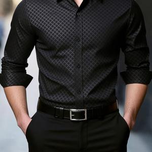 남성용 유럽 사이즈 육각형 체크 엠보싱 격자무늬 비즈니스 패션 셔츠