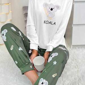 귀여운 만화 패턴 여성용 잠옷 세트, 라운드넥 흰색 상의, 코알라 프린트 녹색 바지, 편안한 캐주얼 홈웨어 세트