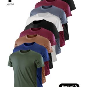 9피스 남성용 라이트웨이트 크루넥 티셔츠 - 아미 그린, 네이비 블루, 카키, 버건디, 블랙, 화이트, 그레이, 버건디-블랙 믹스 - 빠른 건조, 통기성, 흡습성 셔츠, 피트니스, 헬스, 러닝용. 가볍고 편안한 스포츠, 운동, 트레이닝에 이상적인 빠른 건조 반소매