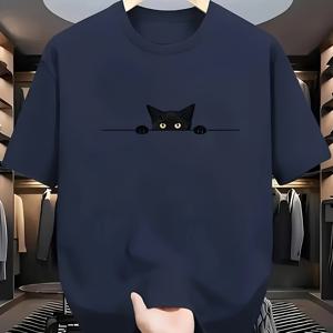 귀여운 고양이 디자인의 남성용 캐주얼 블랙 티셔츠 - 부드러운 폴리에스터, 크루넥, 반팔, 여름 필수 캐주얼 웨어