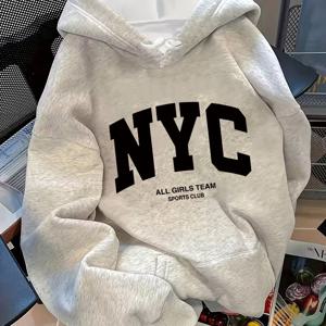 여성용 NYC 그래픽 프린트 패션 후드 긴팔 스웨트셔츠