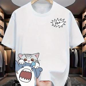 우아한 라운드넥 티셔츠, ' And Cat' 패턴 프린트, 편안하고 통기성 좋은 남성용 캐주얼 티셔츠, 헬스 스포츠 복장, 데일리 작업에 적합한 편안한 반팔, 여름 의상