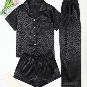 여성용 블랙 프린트 반팔 상의, 반바지, 긴 바지 파자마 세트 3pcs