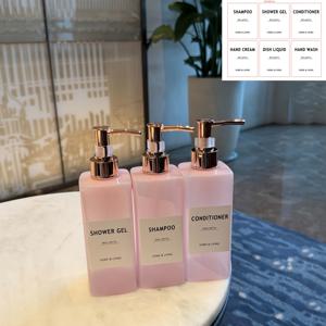 사각 병, 400ml, 3개입---반투명 자스민 핑크, 재사용 가능한 교체 용기, 빈 병, 플라스틱 병, 샴푸 리필 빈 병, 핸드 소파 디스펜서 빈 병, 핑크 펌프 헤드 포함, 호텔 및 인에 적합