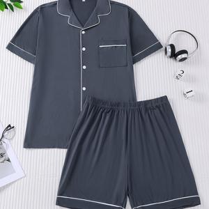 2pcs 남성용 잠옷 홈 캐주얼 세트, 반팔 반바지, 라펠 가디건, 고급스러운 느낌, 다크 그레이 대비 색상, 흰색 테두리, 봄/여름, 피부 친화적, 통기성 좋고 편안한 원단, 집에서나 외출복으로 적합