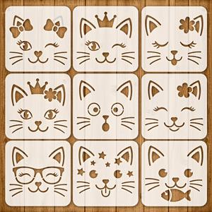 9개 세트 5x5인치 고양이 얼굴 스텐실, 귀여운 고양이 스텐실 세트, 리본 왕관 안경을 쓴 고양이 별 물고기 스텐실, 간판, 벽 예술, 공예용 재사용 가능한 페인팅 스텐실, 고양이 애호가 선물