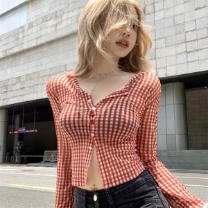 여성용 아메리칸 스타일 핫 메쉬 긴팔 격자무늬 셔츠, 봄 슬림핏 날씬해 보이는 베이스 레이어 티셔츠; 여성용 긴팔 격자무늬 셔츠, 여름 퓨어 디자이어 스타일 섹시한 허리 조임 효과 베이스 레이어 티셔츠; 여성용 레드 격자무늬 긴팔 셔츠, 여름 퓨어 디자이어 섹시한 핫 슬림핏 날씬해 보이는 짧은 크롭 탑, 키가 작은 체형용