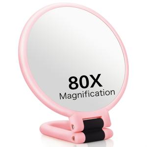 1X/80X 배율, 360° 조절 가능한 손잡이와 거울 표면이 있는 휴대용 여행용 메이크업 거울이 특징인 80X 휴대용 돋보기 거울—다양한 색상으로 제공되며 메이크업, , 뷰티 및 수염 정리에는 적합합니다.