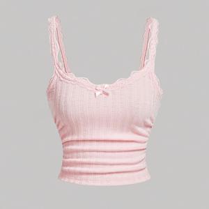 귀여운 러플 레이스 패치 리본, 조끼 가을 의상, 여성용 리본 상의