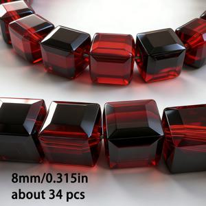 약 34개 레드 세미 블랙 사각형 루즈 비즈, 6/8mm 다면체 홀 포함, 정교한 스페이서 비즈/오로라 마감 우아한 비즈/라이트 럭셔리 고품질 비즈/DIY 팔찌, 목걸이, 귀걸이, 공예 액세서리 및 주얼리 제작 재료/정교한 핸드메이드 재료 비즈 & 비즈 모음