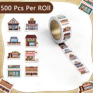 도시 상점 디자인 레이저 전사 스티커 500매/롤, 커피숍, 패스트푸드점, 쇼핑몰, 꽃가게, 레스토랑, 포함. 플래너, 다이어리, 축하 카드, 휴대폰 케이스, 선물 상자 장식용으로 적합