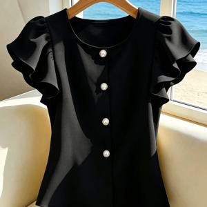 여성 솔리드 러플 소매 라운드넥 블라우스, 패셔너블한 다용도 프렌치 스타일 짧은 길이 진주 버튼 장식 셔츠, 우아한 여름 상의 (가디건 아님)