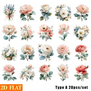 20개/세트 수제 크리에이티브 빈티지 수채화 프레쉬 모란 장미 시리즈 2D 스티커, 쓰레기 저널 노트북 스크랩북 장식 커팅 앨범 스티커로 적합
