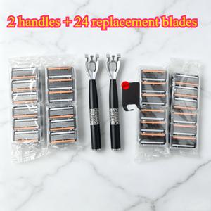 수동 안전 면도기 세트 26개, 손잡이 2개 & 교체용 면도날 24개, 6중 스테인리스 스틸 세척 가능 면도날, 인체공학적 휴대용 면도기, 짙은 수염 & 콧수염용, 남녀공용 휴일 선물, 선물용 상자 미포함