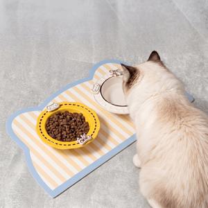 귀여운 고양이 귀 모양 반려동물 급식 매트, 고양이 강아지용 줄무늬 얼룩 방지 사료 물그릇 받침, 세척이 쉬운 반려동물 식사 매트