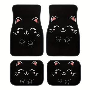 2D 평면 4pcs 카툰 고양이 자동차 바닥 매트 - 폴리에스터 앞뒤 차량용 카펫, SUV 및 일반차량 호환 - 크리스마스 선물 추천, 폴리에스터 소재, 프린팅 디자인, 비3D 입체감 없음