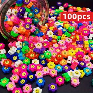 100개 9mm 컬러풀 기쁨의 꽃 폴리머 클레이 비즈 팔찌 만들기 키트, 귀여운 기쁨의 얼굴 참 장식, 주얼리 목걸이 귀걸이 DIY 액세서리