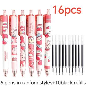 딸기 패턴 수납형 젤펜 세트 16개입, 0.5mm 펜촉 - 필기용 및 드로잉용, 속건성, 검정 잉크 리필, 학생 및 일상 업무 필수품, 신학기 시즌, 보상용 문구류