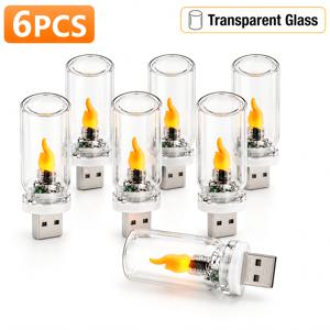 USB 플러그형 LED 불꽃 없는 캔들 조명 6개, 깜빡이는 불꽃 분위기 무드등, 침실, 침대 옆, 파티오, 탁상용, 거실, 정원, 캠핑, 벽난로, 바, 결혼식, 파티, 할로윈, 크리스마스, 휴일 장식용 장식 LED 무드등