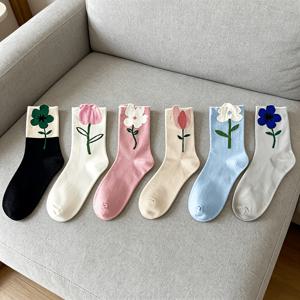 6켤레 일본 스타일 튤립 귀여운 여성 양말, 가을/겨울용 문학 트렌디 플로럴 미드 카프 양말