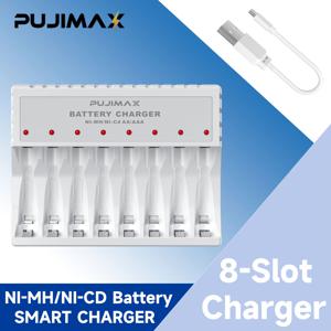 PUJIMAX 8구 배터리 스마트 충전기 (독립 LED 표시등 포함) - USB 충전, 1.2V AA/AAA Ni-Mh/Ni-Cd 배터리 호환, 혼합 충전 시스템, 휴대용 디자인, 야외 사용에 적합