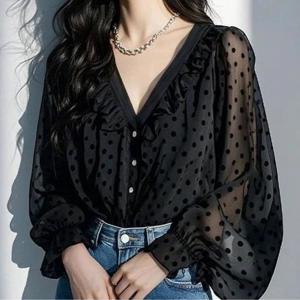 프렌치 스타일 고급스럽고 우아한 여성용 루즈핏 블랙 폴카 도트 러플 시폰 블라우스 봄